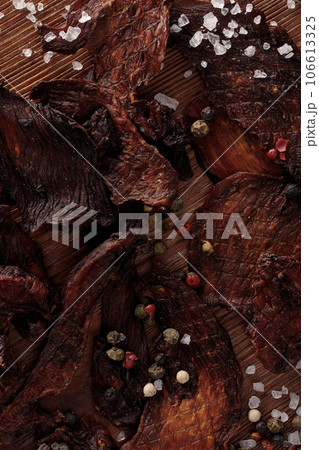 Vertical Shot of Dried Peppered Beef Jerky Vertical Shot of Dried Peppered Beef Jerky 106613325