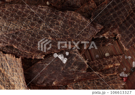 Top View of Dried Pepper Beef Jerky Top View of Dried Pepper Beef Jerky 106613327