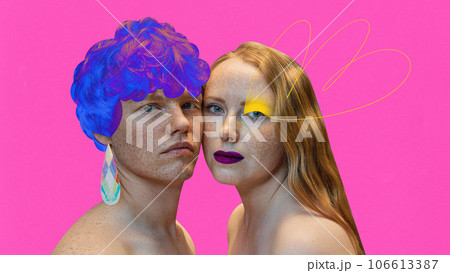 Contemporary art collage. Modern artwork. Porait of beautiful couple, woman and man, with painted makeup on face agains vivid pink background 106613387