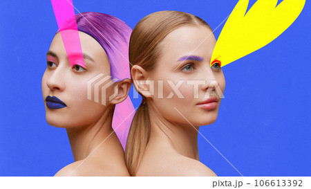 Contemporary art collage. Modern creative artwork. Portrait of two women with vibrant and drawn lashes, makeup on face. New vision of beauty. Contemporary art collage. Modern creative artwork. Portrait of two women with vibrant and drawn lashes, makeup on face. New vision of beauty. 106613392