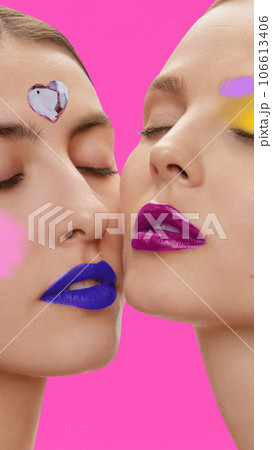 Contemporary creative art collage. Modern artwork. Portrait of two female faces with bright and drawn make up. New vision of beauty. 106613406