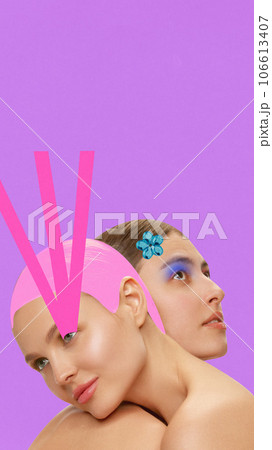 Contemporary creative art collage. Modern artwork. Portrait of two girls woth bare shoulders with bright and drawn make up. New vision of beauty. 106613407
