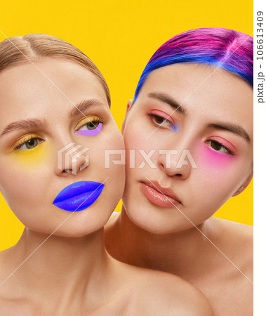 Contemporary creative art collage. Modern artwork. Portrait of two girls woth bare shoulders with bright and unusual make up. New style. Contemporary creative art collage. Modern artwork. Portrait of two girls woth bare shoulders with bright and unusual make up. New style. 106613409