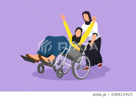 Graphic flat design drawing young beautiful Arab female volunteer helps disabled old woman, riding on wheelchair in park. Family care, volunteerism, disability care. Cartoon style vector illustration Graphic flat design drawing young beautiful Arab female volunteer helps disabled old woman, riding on wheelchair in park. Family care, volunteerism, disability care. Cartoon style vector illustration 106613425