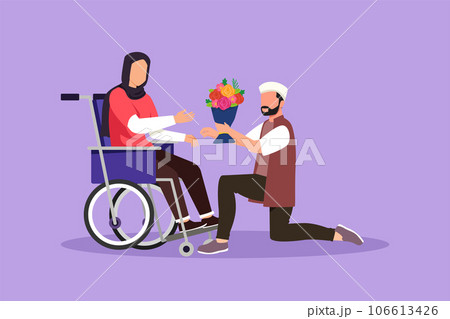 Graphic flat design drawing Arab male, disabled female in wheelchair. Man give bouquet of flower to woman. Caregiver, family moral support. Disability rehabilitation. Cartoon style vector illustration Graphic flat design drawing Arab male, disabled female in wheelchair. Man give bouquet of flower to woman. Caregiver, family moral support. Disability rehabilitation. Cartoon style vector illustration 106613426
