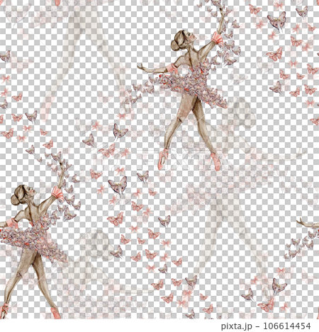 Seamless pattern with dancing ballerina. Watercolor handdrawn illustration with spring flowers, butterflies and fairy ballerina. Applicable for textiles, decor. Can be used as a background. 106614454