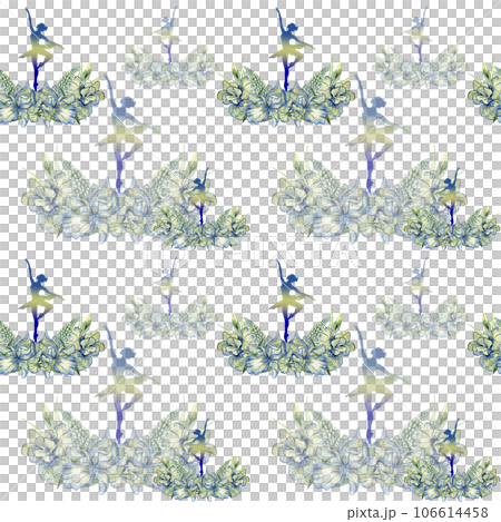 Seamless pattern with dancing ballerina. Watercolor handdrawn illustration with spring flowers, butterflies and fairy ballerina. Applicable for textiles, decor. Can be used as a background. 106614458