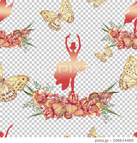Seamless pattern with dancing ballerina. Watercolor handdrawn illustration with spring flowers, butterflies and fairy ballerina. Applicable for textiles, decor. Can be used as a background. 106614460
