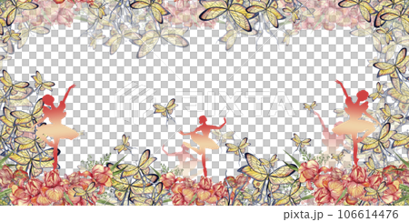 Watercolor horizontal seamless background with ballerina and flowers. Watercolor illustration of a spring flowers. Perfect for for for wedding invitation, greetings card. 106614476