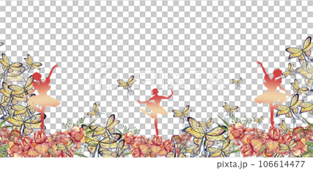 Watercolor horizontal seamless background with ballerina and flowers. Watercolor illustration of a spring flowers. Perfect for for for wedding invitation, greetings card. 106614477