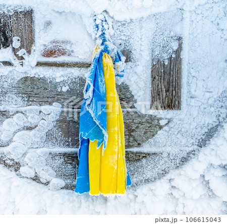 National flag of Ukraine frozen on mountain 106615043