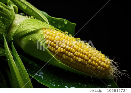 Corn on the cob with water drops on a dark background Corn on the cob with water drops on a dark background 106615724