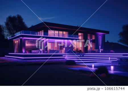 Design of a modern country house with purple neon lighting 106615744