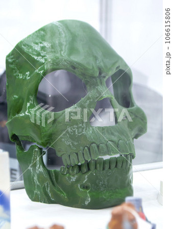 Art object printed on 3D printer. Prototype mask of facial part of human skeleton. Model printed on 3D printer from melted plastic close-up. Concept new modern innovation printing technology Art object printed on 3D printer. Prototype mask of facial part of human skeleton. Model printed on 3D printer from melted plastic close-up. Concept new modern innovation printing technology 106615806