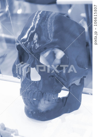 Art object printed on 3D printer. Prototype mask of facial part of human skeleton. Model printed on 3D printer from melted plastic close-up. Concept new modern innovation printing technology 106615807