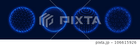3d grid spheres with light dots. Atom Earth orb, science globe with particles virtual reality mesh balls. Abstract glowing blue spheres vector set 106615926