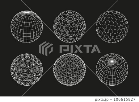 Sphere grid. 3D wireframe spheres, line globe outline mesh. Digital ball with polygons geometric patterns tech abstract minimalist concept. Vector isolated set 106615927