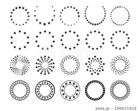Star circles. Round seal stamp border with stars, vintage circular five pointed star badge, premium quality and warranty emblem. Isolated vector set 106615928