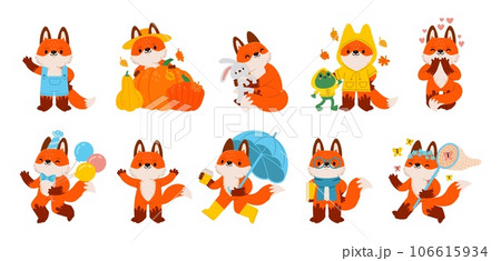 Cute mascot fox. Cartoon red foxes character. Funny and happy little fall walking animal. Foxy emotional forest mammal with pumpkins and friends. Autumn stickers. Vector set 106615934