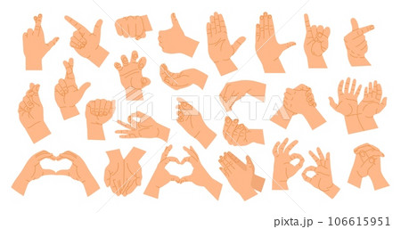 Hand gestures poses. Cartoon human hands showing different signs. Fingers and palm gesture. Showing position stop, heart, fist, pose with forefinger, various arm vector illustration Hand gestures poses. Cartoon human hands showing different signs. Fingers and palm gesture. Showing position stop, heart, fist, pose with forefinger, various arm vector illustration 106615951