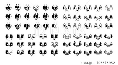 Cartoon retro face. Vintage 30s mascot expression character. Comic eyes and mouth. Old style funny animation faces for trendy design. Happy, angry, sad emotions. Vector set 106615952