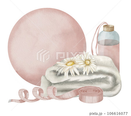 Drawing of pink fitness ball and measuring tape. Sketch of towels and bottles of water. Sports exercise equipment on isolated background. Hand drawn watercolor female yoga accessories illustration. Drawing of pink fitness ball and measuring tape. Sketch of towels and bottles of water. Sports exercise equipment on isolated background. Hand drawn watercolor female yoga accessories illustration. 106616077