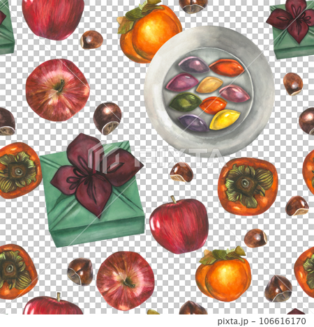 Watercolor illustrations for the traditional Korean holiday Chuseok - gift, songpyeon plate, apples, persimmon, chestnut.Hand drawn watercolor pattern Watercolor illustrations for the traditional Korean holiday Chuseok - gift, songpyeon plate, apples, persimmon, chestnut.Hand drawn watercolor pattern 106616170