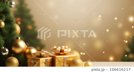 banner celebration day christmas with gift box with velvet ribbon and paper decoration on beautiful background 106616217