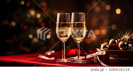 banner celebration day christmas with gift box with velvet ribbon and paper decoration on beautiful background 106616234