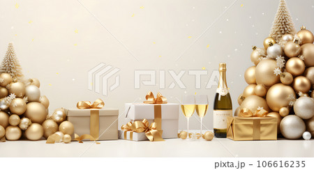 banner celebration day christmas with gift box with velvet ribbon and paper decoration on beautiful background 106616235