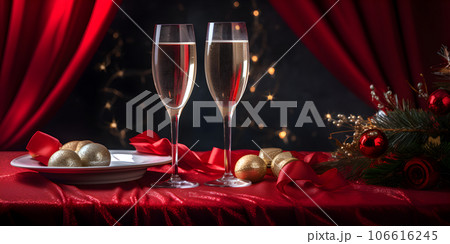 banner celebration day christmas with gift box with velvet ribbon and paper decoration on beautiful background 106616245