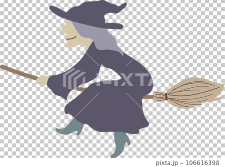 Cute stylish vector illustration of a bad witch wearing purple clothes and flying in the sky on a broomstick Purple 106616398