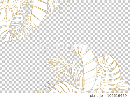 Border made with golden tropical leaves outlines, isolated wedding illustration Border made with golden tropical leaves outlines, isolated wedding illustration 106616489