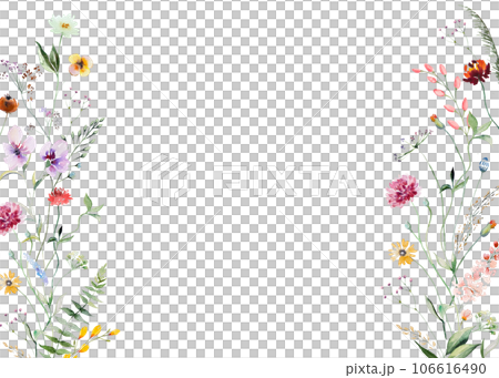 Frame made of watercolor wild flowers and leaves, summer wedding and greeting illustration Frame made of watercolor wild flowers and leaves, summer wedding and greeting illustration 106616490