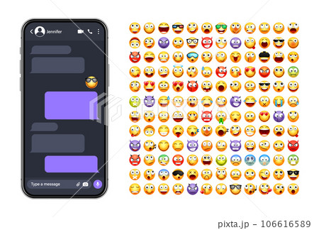 Smartphone messaging app, user interface with emoji. SMS text frame. Chat screen, violet message bubbles. Texting app for communication. Social media application. Dark mode. Vector illustration 106616589