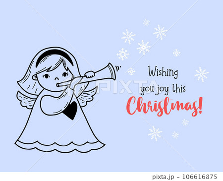 Little Christmas angel girl with trumpet and holiday greeting. Vector illustration in hand drawing doodle style. Cute Xmas kids collection, new year postcard, holiday design, decor Little Christmas angel girl with trumpet and holiday greeting. Vector illustration in hand drawing doodle style. Cute Xmas kids collection, new year postcard, holiday design, decor 106616875