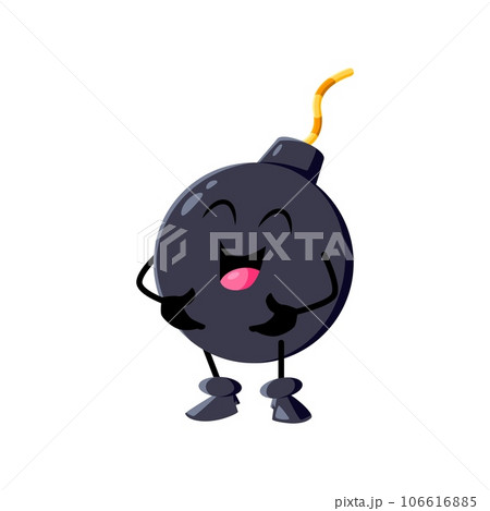 Cartoon laughing bomb character, explosive weapon personage with wick or fuse and mischievous grin, bringing humor and excitement. Isolated vector energetic round bomb express positivity and fun emoji Cartoon laughing bomb character, explosive weapon personage with wick or fuse and mischievous grin, bringing humor and excitement. Isolated vector energetic round bomb express positivity and fun emoji 106616885