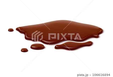 Chocolate puddle, brown choco spill, isolated liquid blot and drip. Isolated realistic 3d vector blob. Rich and luscious dessert indulgence. Smooth and glossy blob, with smooth velvet melting texture 106616894