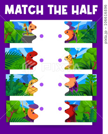 Match the half of cartoon Halloween fruit wizards and mages characters. Vector riddle game worksheet with cute peach, orange, garnet and pineapple warlock and witch personages separated pieces 106616896