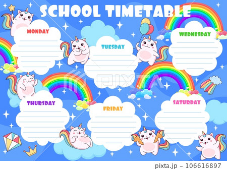 Education timetable schedule. Cartoon caticorn cat and kitten characters on sky clouds. School vector lesson planner template with cute kawaii feline unicorn on rainbow. Kid time table organizer frame 106616897