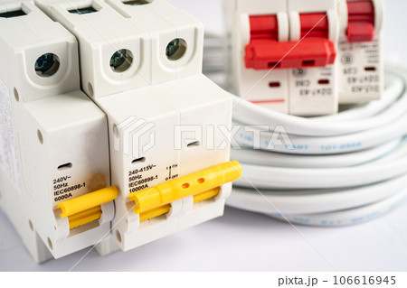 Automatic circuit breaker on white background, control and protect electrical power system. Automatic circuit breaker on white background, control and protect electrical power system. 106616945