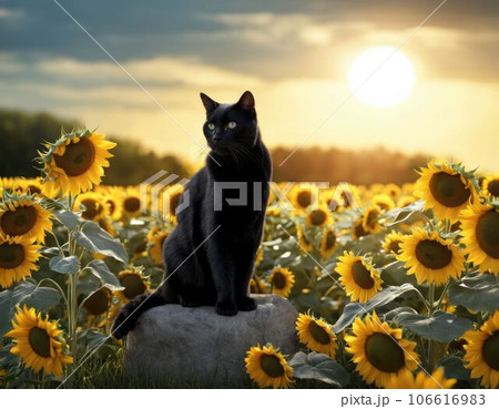 Black cat in a field of sunflowers.のイラスト素材 [106616983] - PIXTA