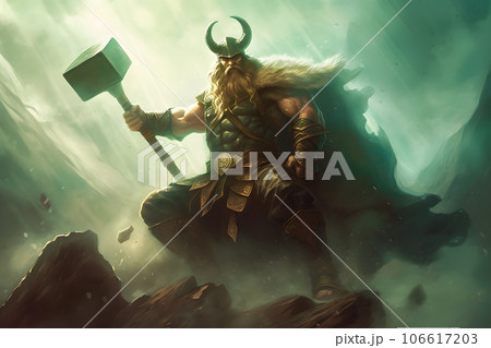 God Thor holds the hammer Mjelnir, a warrior with a sword, thunder and lightning, the battle of Ragnarok. Neural network AI generated 106617203