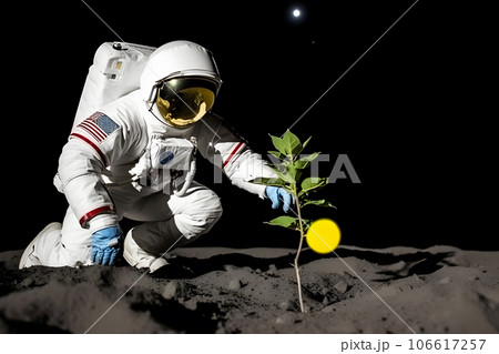 Astronaut planting a tree on the moon or mars. Neural network AI generated 106617257