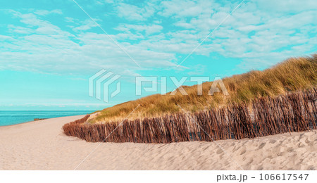 Beach scenery on Sylt island in North Sea, under a blue sky 106617547