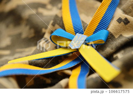 Military camouflage fabric with ukrainian stripes on ribbon 106617575