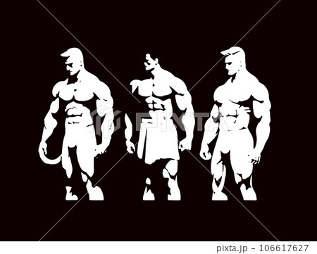 silhouettes of bodybuilders in contrasting light, logo template, isolated vector illustration. 106617627