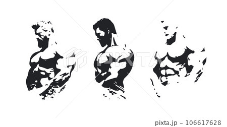 Bold muscular silhouettes - monochromatic character design. Strong bodybuilder icons for gym-goers and fitness enthusiasts. Vector illustrations for fitness logo design, isolated graphic elements. Bold muscular silhouettes - monochromatic character design. Strong bodybuilder icons for gym-goers and fitness enthusiasts. Vector illustrations for fitness logo design, isolated graphic elements. 106617628
