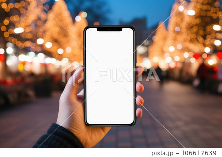 Smartphone mock up on Christmas street background 106617639