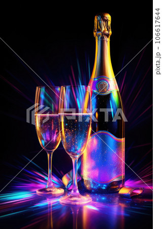Bottle of Champagne with two glasses dark background with neon club lights 106617644